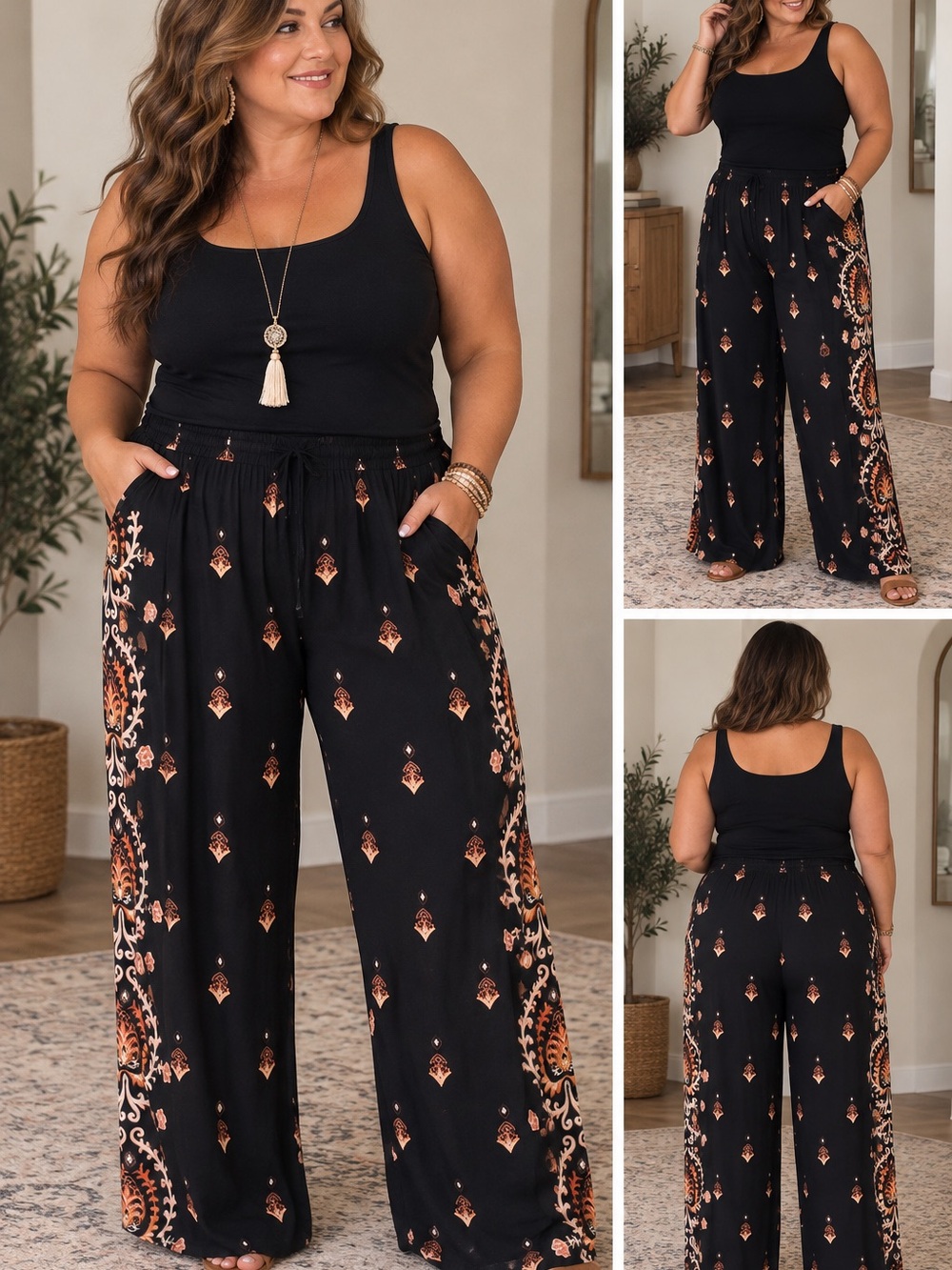 Maurices Black Wide-Leg Pants with Copper Medallion Print
